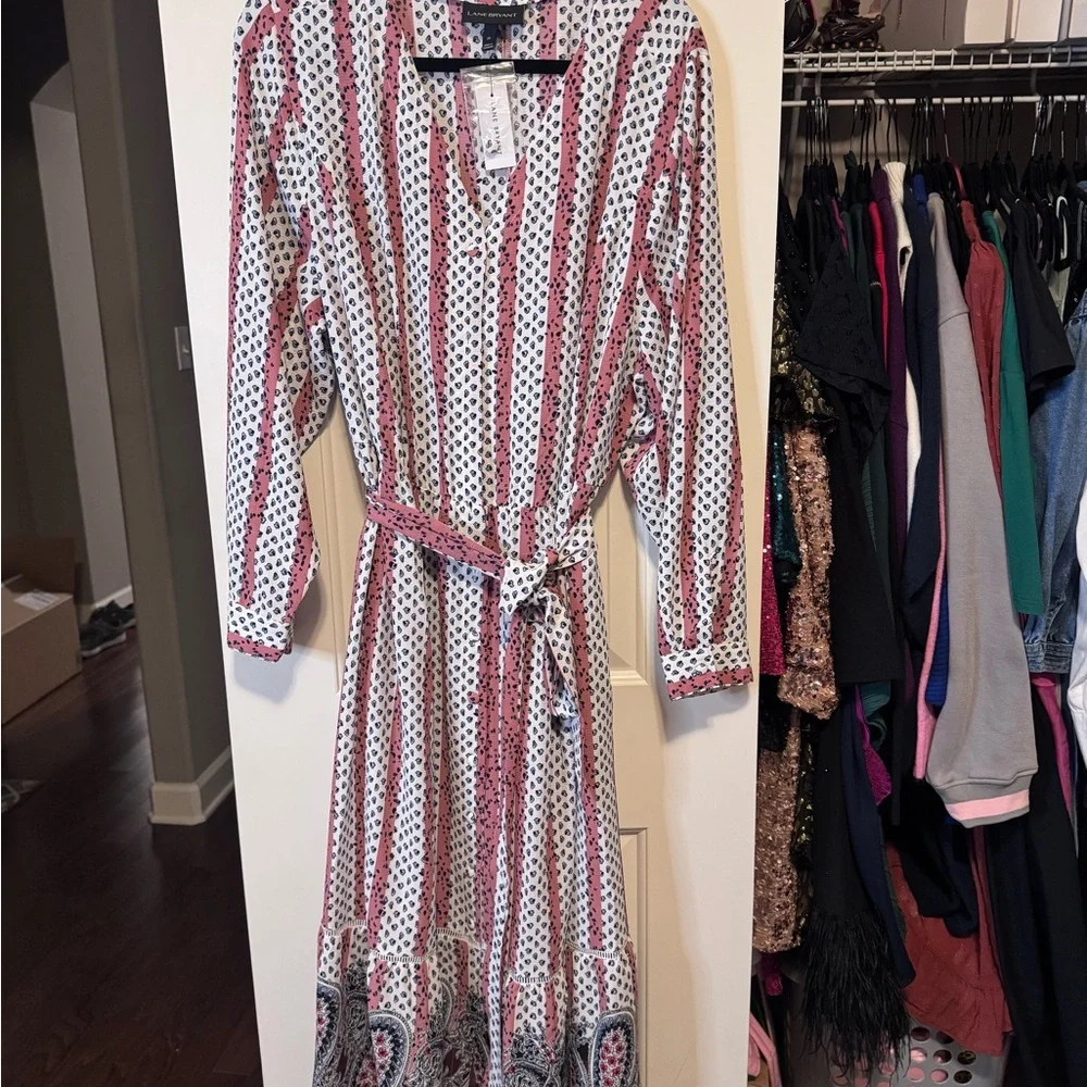 Lane Bryant- Women’s Plus Size Button Front Pink and White Long Sleeve Dress 22W - Picture 4 of 13